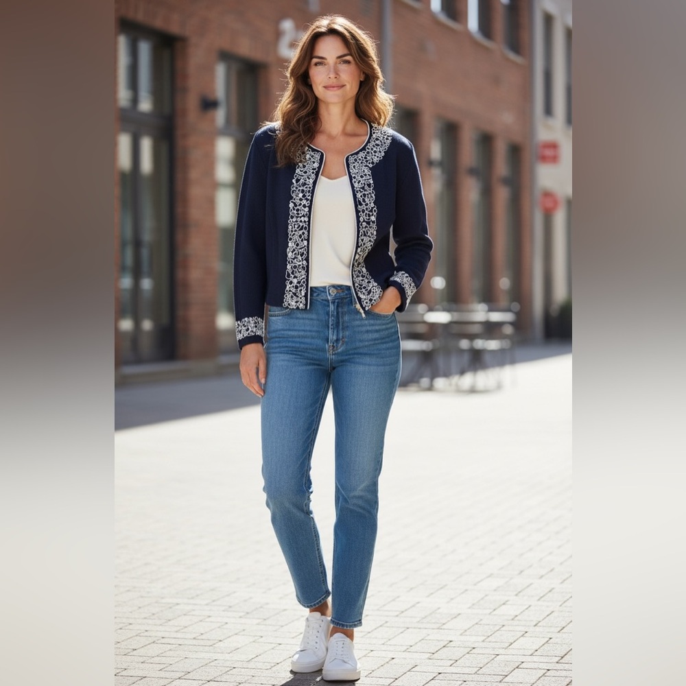 NWT Luxury Rare St John Collection Navy Pearl Embelished Cardigan/Jacket